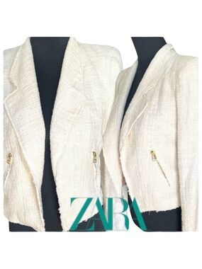 Zara Off White Textured Open Front 80's Inspired Crop Jacket (M)